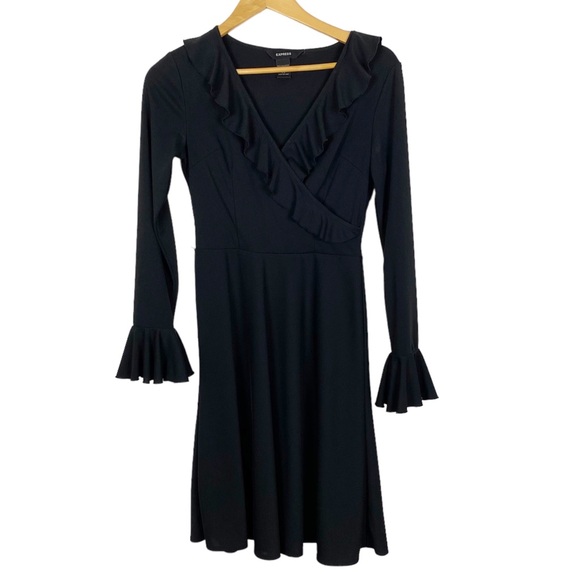 Express Black Long Sleeve Ruffle V Neck Dress Size 1/2 - Picture 6 of 6
